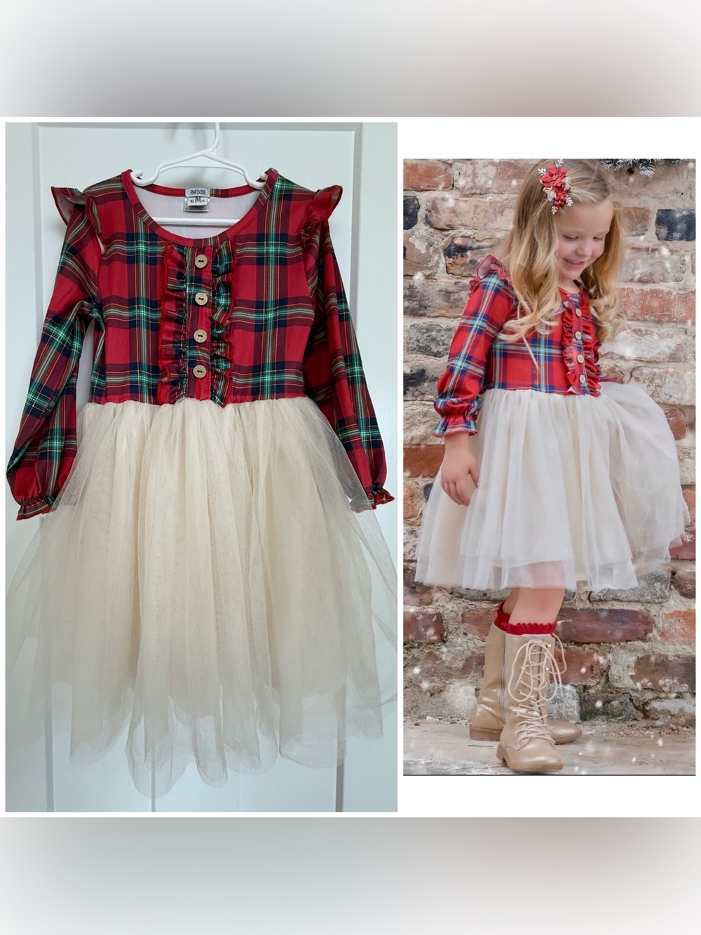 Mia Belle Girls Red Plaid & Ivory Tulle Christmas Dress Size L